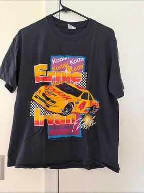 Vintage Ernie Irvin Kodak NASCAR Tee with Yellow and Red Racing Car Graphic